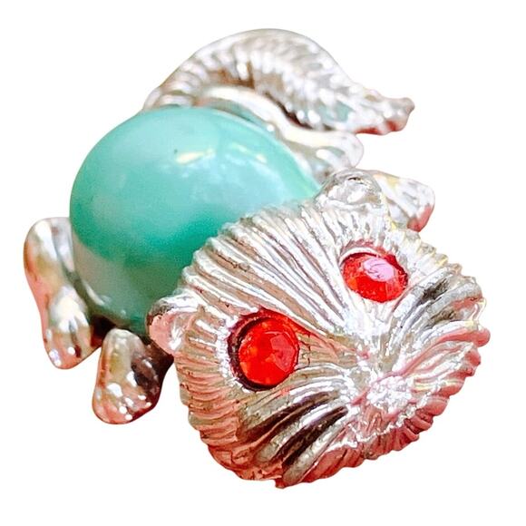 VTG 60s Quirky Cat Brooch Red Eyes Teal Belly Mid Century Figural Shoulder Pin - Picture 7 of 12